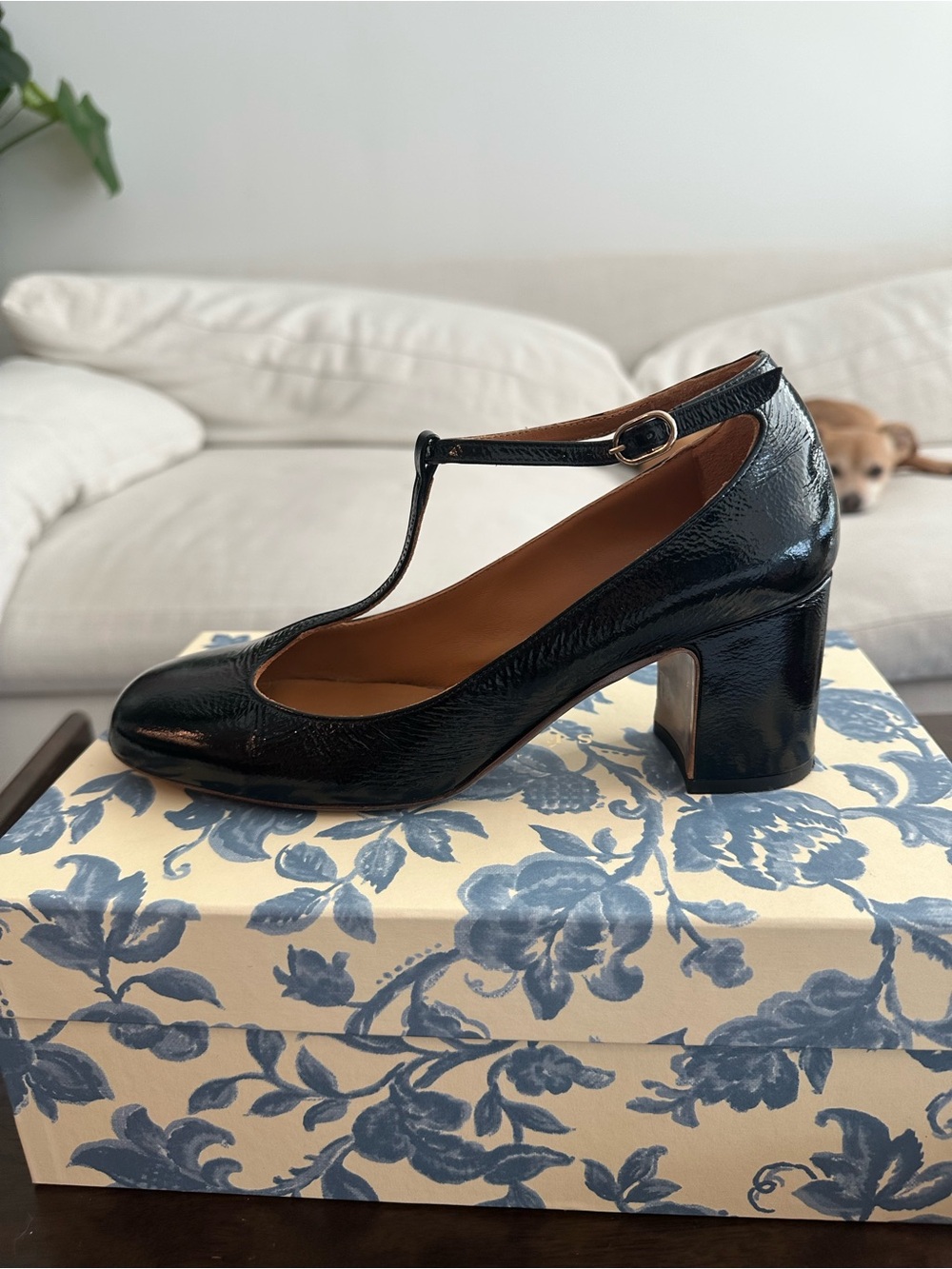 Sezane Black Patent T-Strap Mid Block Heel Pumps